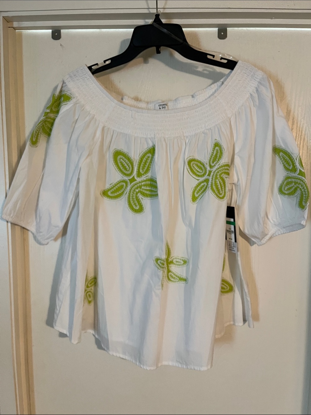 Crown & Ivy White Off-Shoulder Tunic with Lime Green Embroidery NWT large